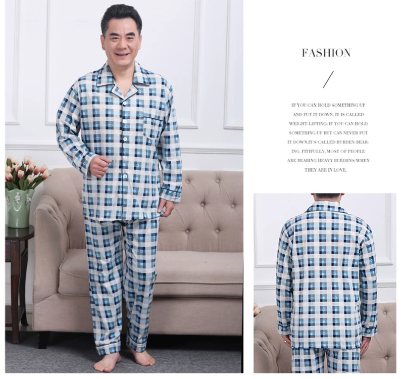 Mùa thu trung niên nam đồ ngủ nam cotton dài tay quần nhà dịch vụ hai mảnh phù hợp với cotton XL mùa thu và mùa đông