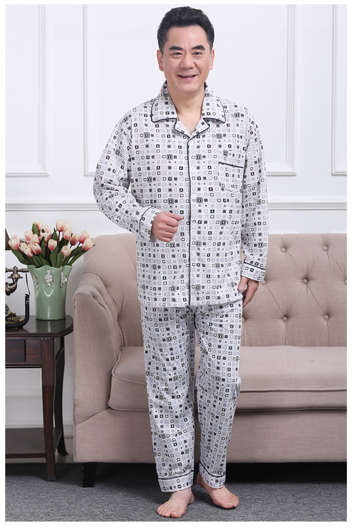 Mùa thu trung niên nam đồ ngủ nam cotton dài tay quần nhà dịch vụ hai mảnh phù hợp với cotton XL mùa thu và mùa đông shop thời trang nam
