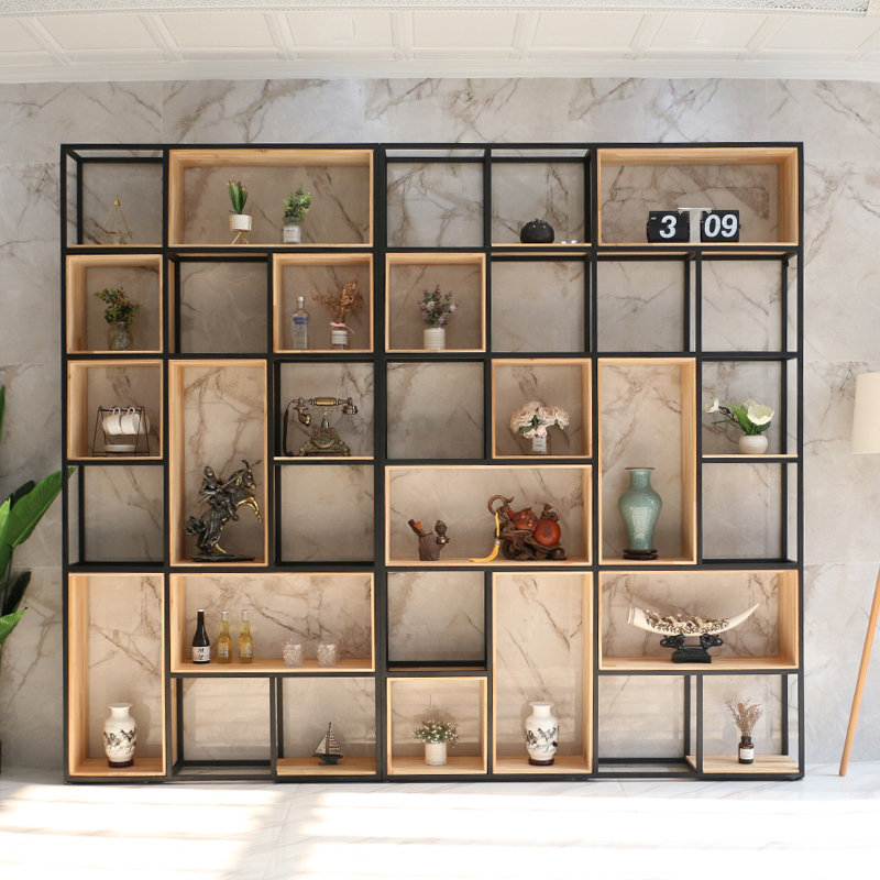 Nordic Wrought Iron Partition Shelf Office Screen Loft Rack Solid Wood Bookshelf Partition Industrial Style Storage Simple