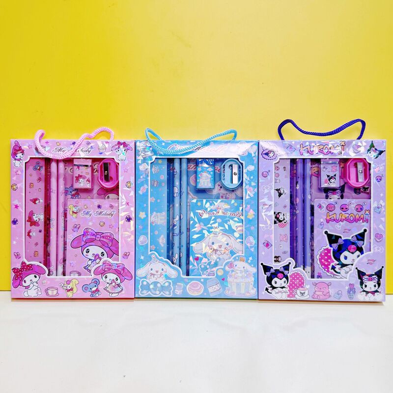 In-Stock 8036 Cartoon Stationery Set Children's Gift Pen Box Wallet Student Supplies 6-Piece Set Promotional Items