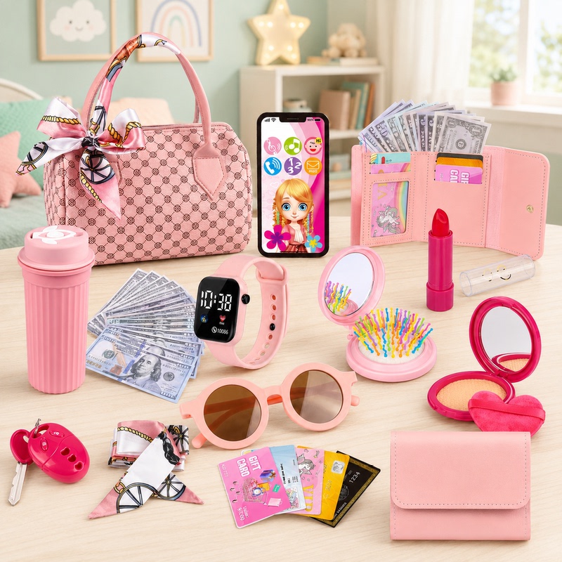 Playhouse Handbag with Pretend Cosmetics, Phone, Toys, Little Girl's Dress-Up Role-Playing Set, Birthday Gift Playhouse Handbag with Pretend Cosmetics, Phone, Toys, Little Girl's Dress-Up Role-Playing Set, Birthday Gift
