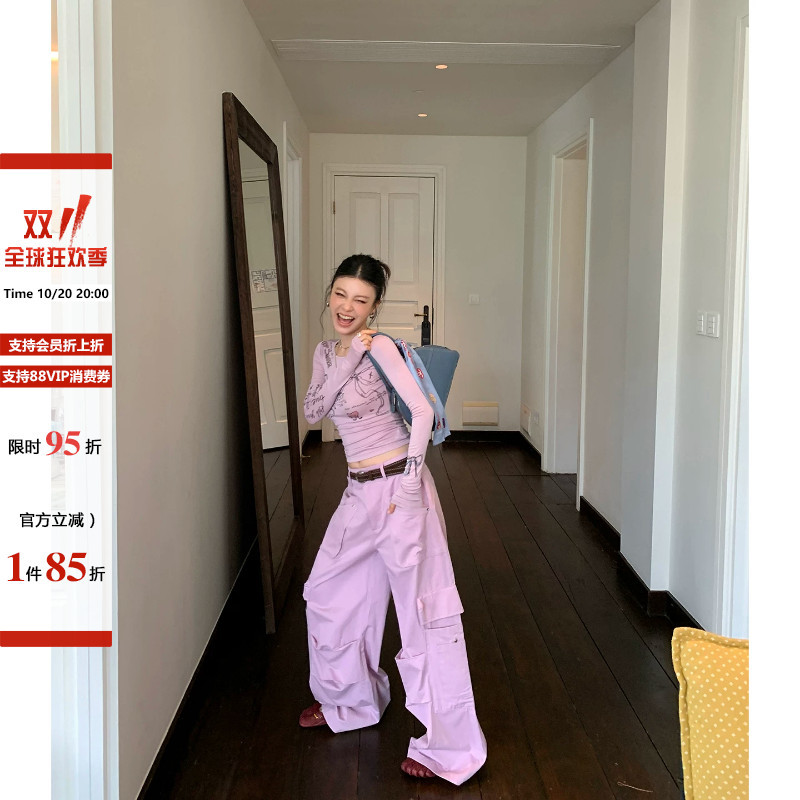 Dula Bella Goes Out/Purple Cool Casual Cargo Pants for Women, Autumn Low-Waisted Wide-Leg Floor-Length Pants Dula Bella Goes Out/Purple Cool Casual Cargo Pants for Women, Autumn Low-Waisted Wide-Leg Floor-Length Pants