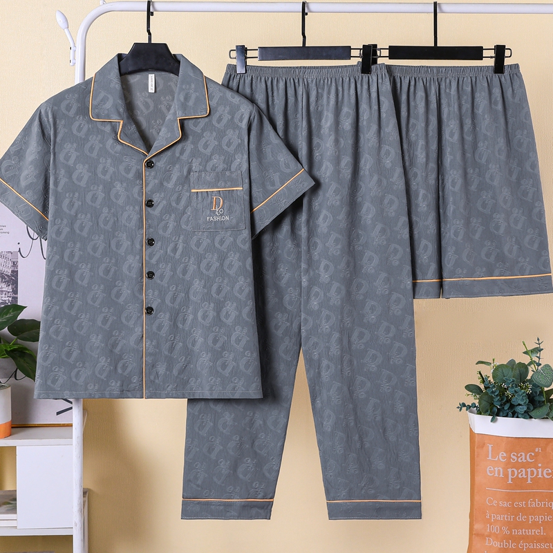 Three-Piece Set of Cloud Cotton Men's Pajamas, Summer 2026 New Thin Short-Sleeved Large Size Can Be Worn Outside, Home Wear Set