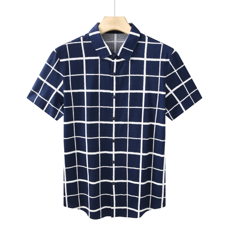 Ca241 Kanudil Summer Men's Short Sleeve Shirt, Silk Cardigan, Casual Business Stretch, Blue Plaid Ca241 Kanudil Summer Men's Short Sleeve Shirt, Silk Cardigan, Casual Business Stretch, Blue Plaid