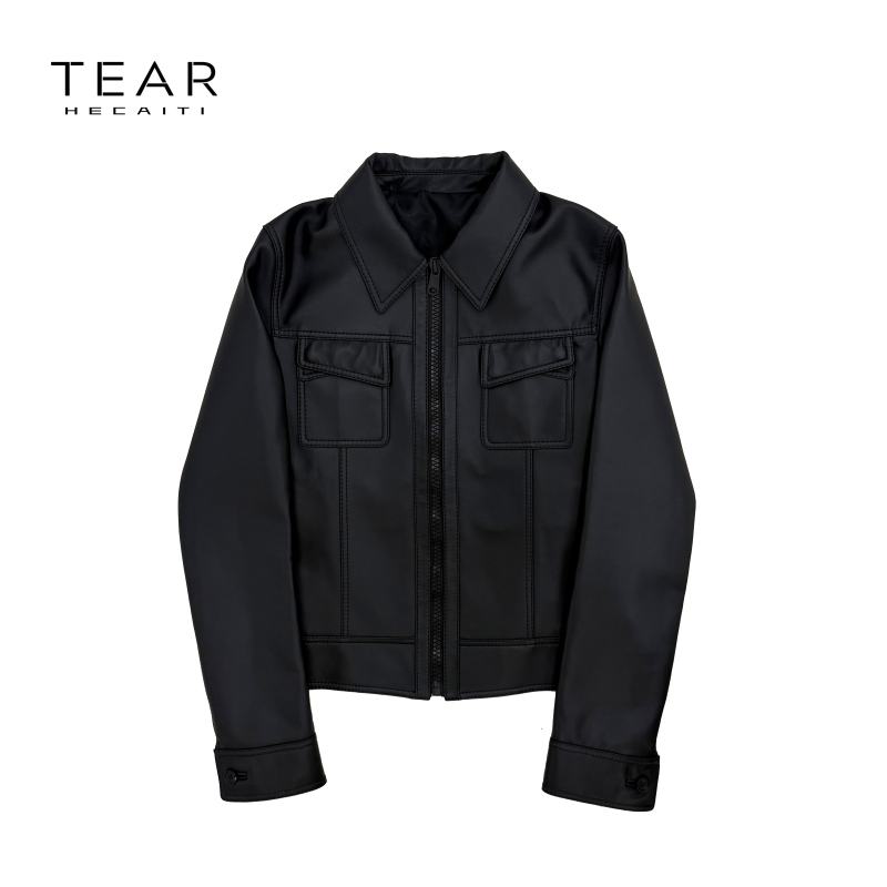 Tear Hecaiti Multi-Line Collection Black Cross-Pocket Leather Jacket Ripped Paradise Hecaiti Collaboration