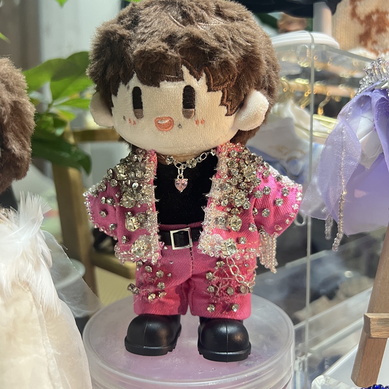 Zhou Shen's Big Eyes Music Festival Same Style Pink Full Diamond Denim Outfit, Handmade Zhou Keke Doll Clothes, Cotton Doll Clothes