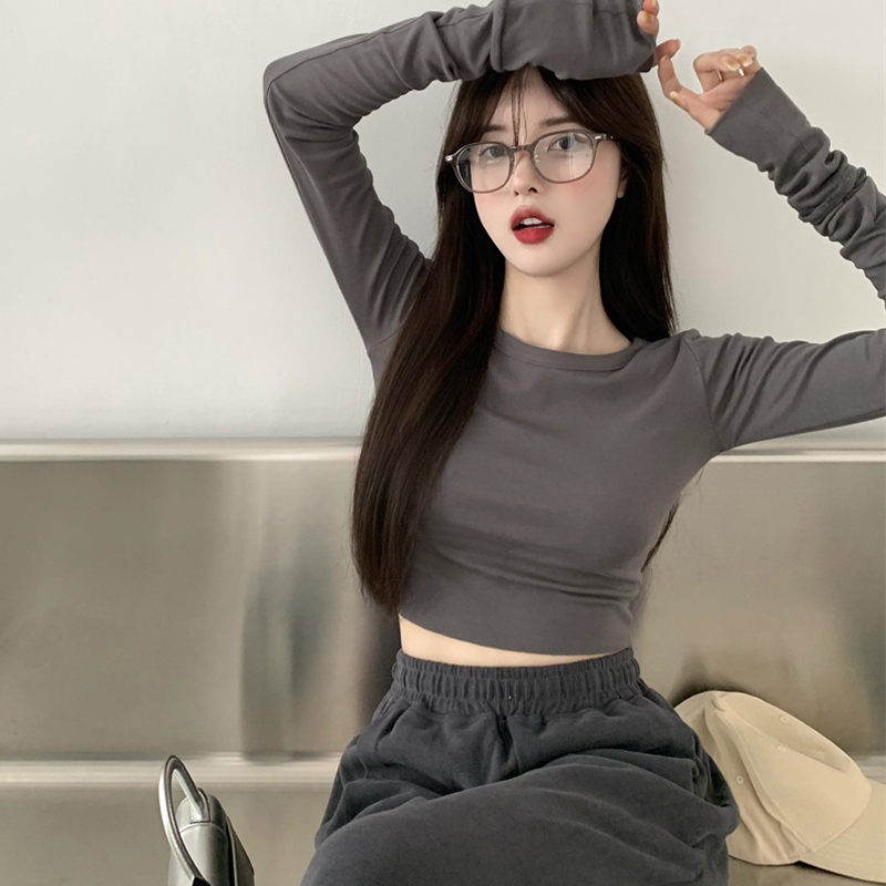 Smoke Gray High-Waisted Cropped T-Shirt, Spring and Autumn Short Style, Tight-Fitting, Slimming, Inner Layer, Versatile Long-Sleeve Top ins