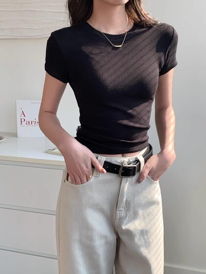 2025春夏美式正肩小圆领短袖修身叠穿中腰亲肤百搭紧身上衣t恤女