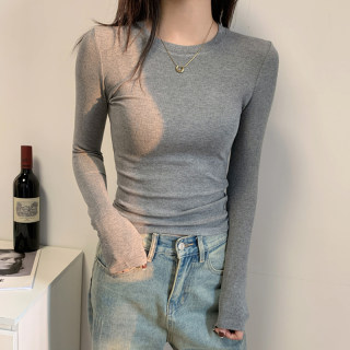 美式灰色正肩小衫长袖t恤女2025春秋冬磨毛内搭打底修身百搭上衣