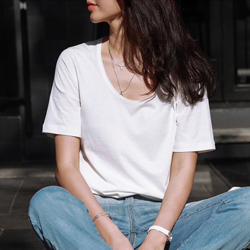 2026 Spring/Summer White T-Shirt for Women, Short-Sleeved, Five-Quarter Sleeves, Loose Korean Style, Half-Sleeve, Large Neckline, Lazy Style Top