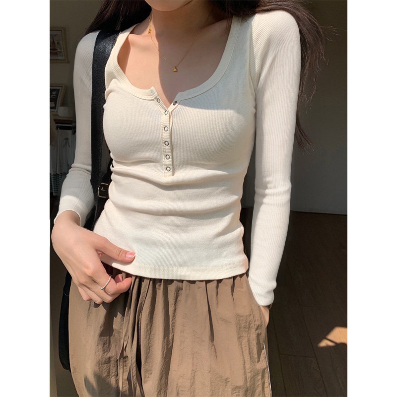 Button-Up Short Ribbed Gentle Style Regular Shoulder U-Neck Long-Sleeve T-Shirt for Women, Autumn and Winter Design, Slimming Base Shirt Top