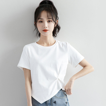 White T-shirt woman short sleeve pure cotton 2021 new summer and thin section design feeling small crowd irregular folds short blouses