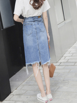 Bag Hip Denim Half Body Dress Woman 2021 New summer and thin Korean version Fashion medium long open fork irregular A word dress