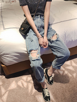 Breaking Hole Beggar Jeans Womens Summer Thin Section High Waist Straight Cylinder Loose Korean version Ins surge fat mm Big size 90% pants