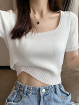Knitted shirt short sleeve T-shirt female 2021 new summer thin Korean version of ins tide design sense niche short square collar top