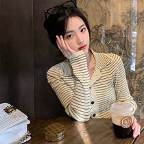 Striped knitted cardigan jacket womens early autumn 2021 new design sense niche POLO collar base long sleeve top