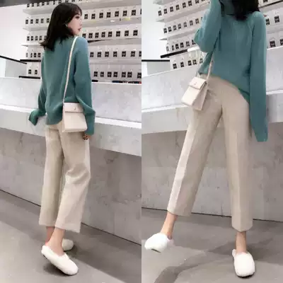 Woolen wide-leg pants women's 2019 spring new high-waist loose thin harem pants Korean casual nine-point ribbed pants