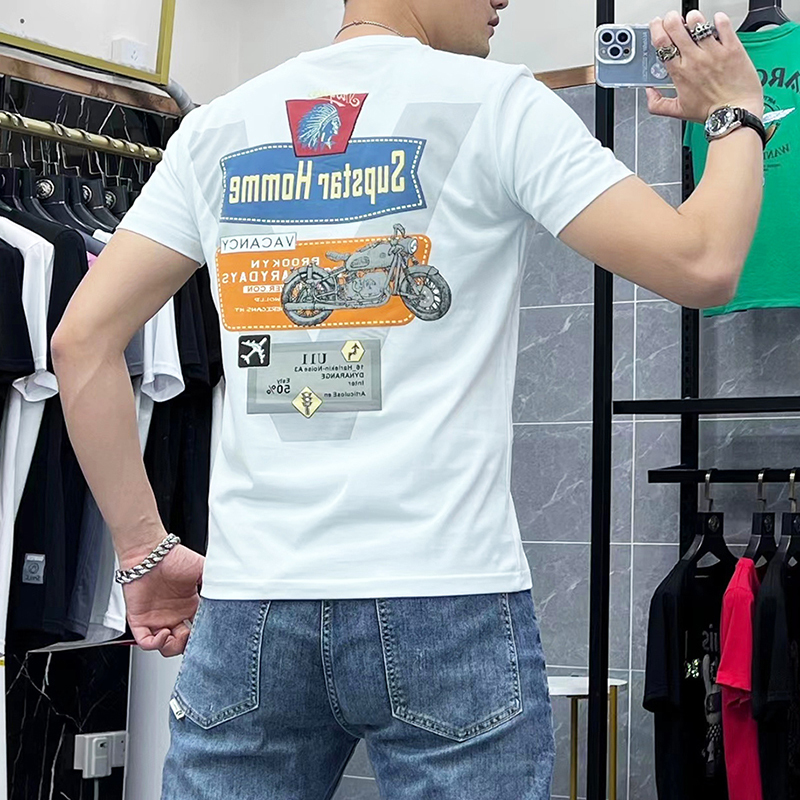 European-Style Embroidered Short-Sleeve T-Shirt for Men, Trendy Brand, 2025 Summer New Model, Back Print Pattern, Mercerized Cotton T-Shirt