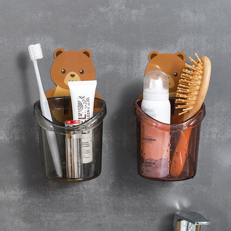 Sticking Wall Small Bear Toothbrush Rack Makeup Room Shelve wall-mounted Draining Cartoon Wall containing Cup Water filtration Easy Jail