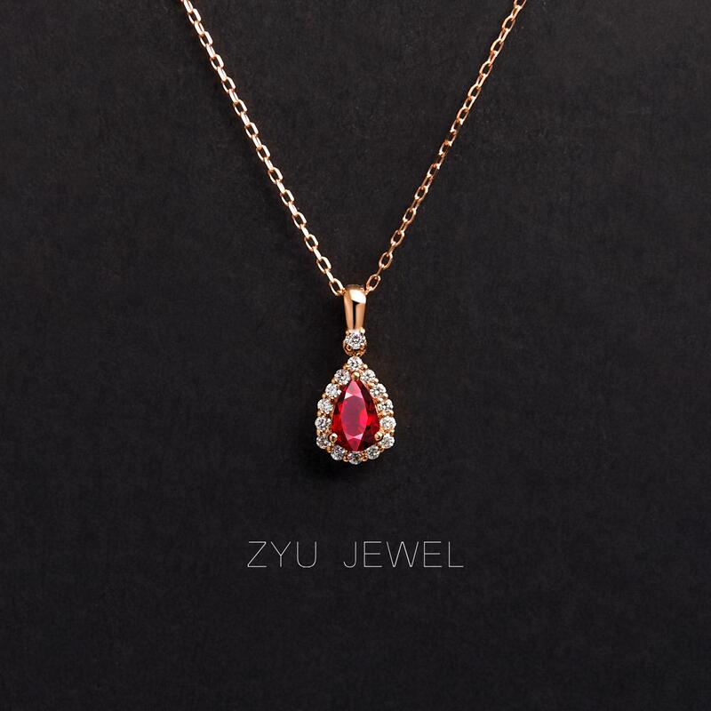 18K Gold Cultured Gemstone Teardrop Pendant Rose Gold Pigeon Blood Ruby Necklace Birthday Gift for Girlfriend