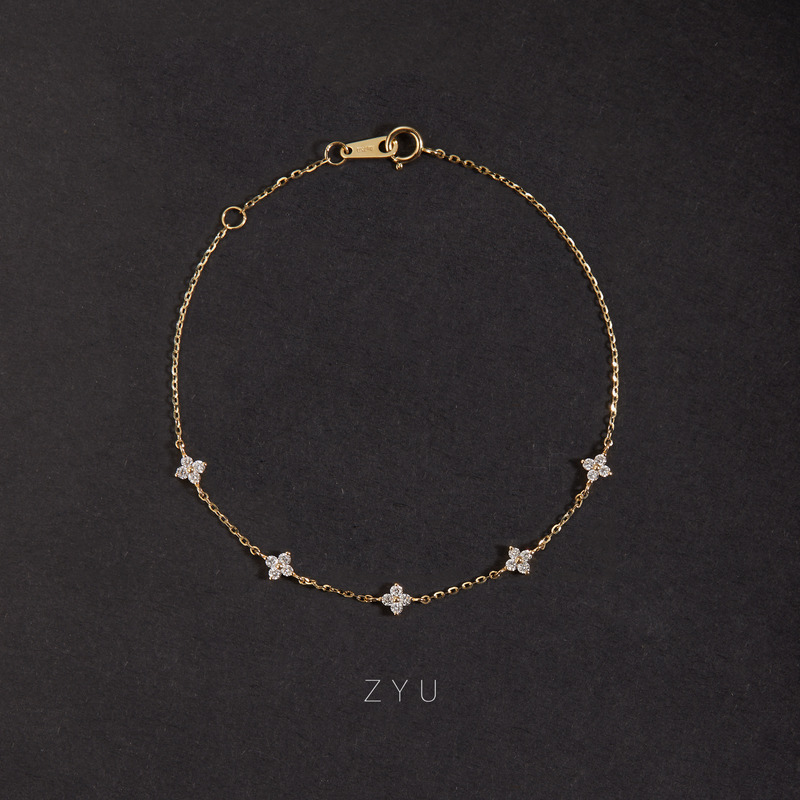18K Gold Four-Leaf Clover Star-Studded Diamond Bracelet, New Dazzling Model, Real Gold with Diamonds, K Gold Colorful Gold Bracelet, Flash-Cut Chain