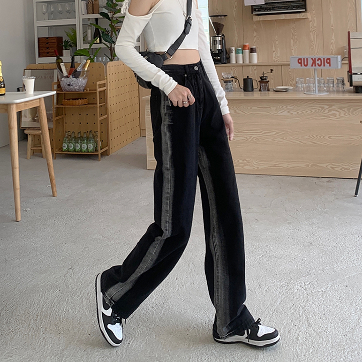 Large size gradient jeans women's chic design sense of personality wear straight pants fat sister spring and autumn high waist wide pants