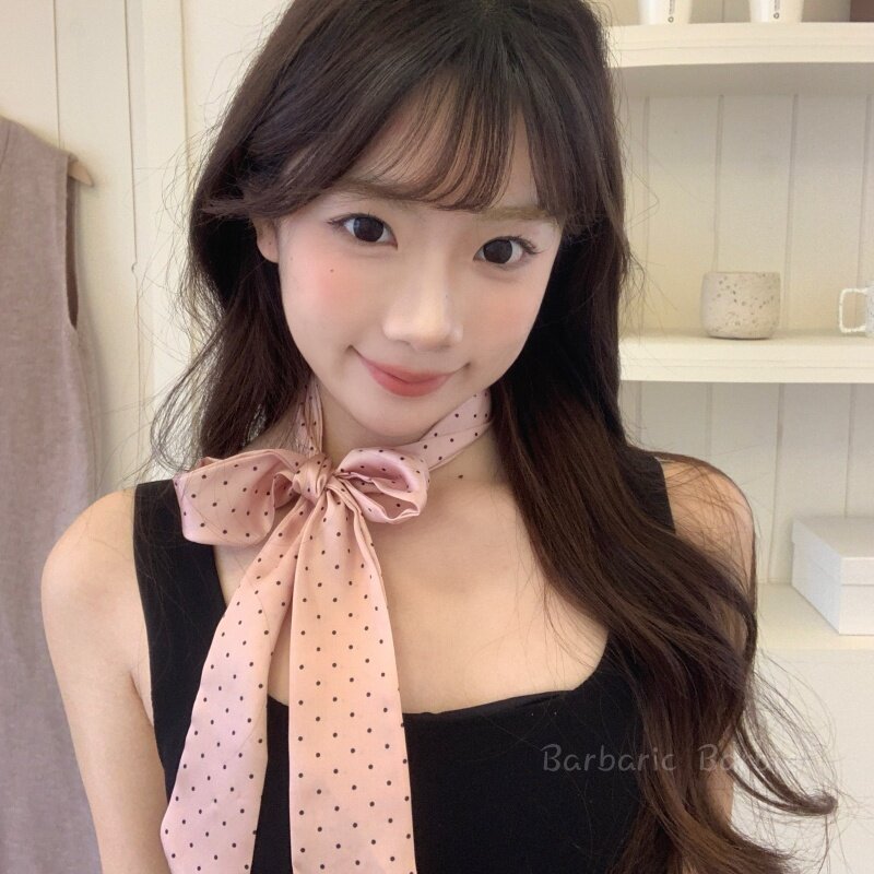 Korean style, gentle and sweet pink polka dot scarf, sophisticated and eye-catching, niche thin scarf with ribbon for women.