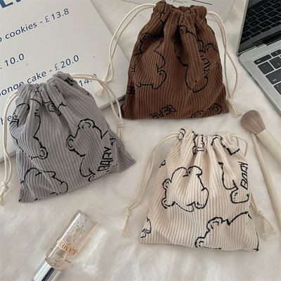 Little White rabbit corduroy baby Bear storage bag, Cosmetics and sundries organizing bag, small drawstring drawstring bag