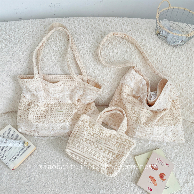 Little White Rabbit Summer Casual Vacation Bag Fairy Lace Canvas Bag Large Capacity Tote Bag Hollow Beach Bag