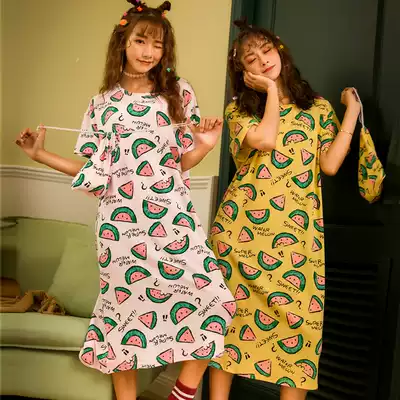 Pure cotton short-sleeved night dress printed cartoon casual cute girl student long dress 2021 pajamas women spring and summer new