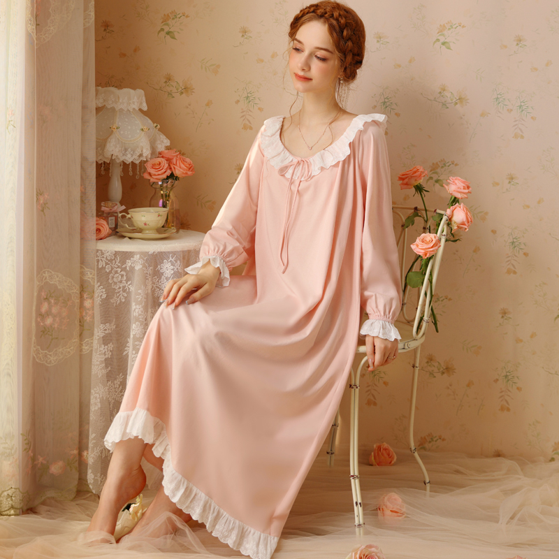 Fa-style palace pyjamas 2024 spring summer pure cotton round collar floral lace with sweet princess pure desire to sleep in the pyjamas dress-Taobao