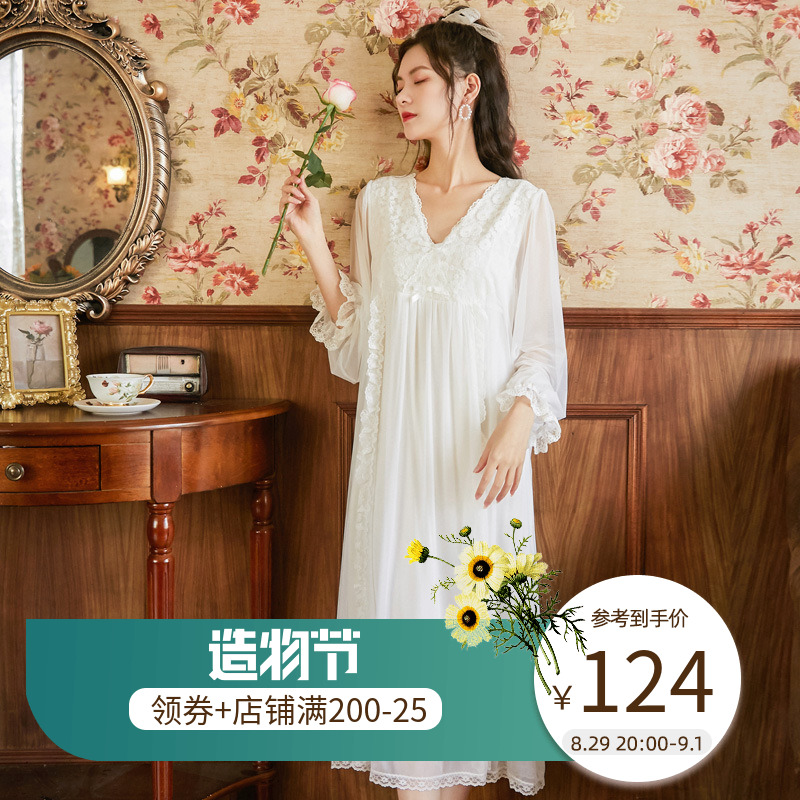Very fairy white style pyjamas woman spring and summer new modeir lace palace windy overlong princess sleeping dress thin summer