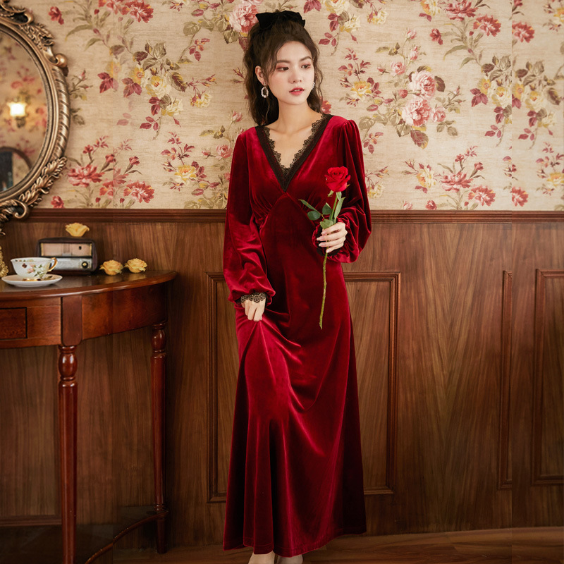 Very Fairy's Fabian Court Sleeping Dress Autumn Winter Thickened Warm Golden Velvet Princess Luxurious Pyjamas woman extra-long footfall naked dress