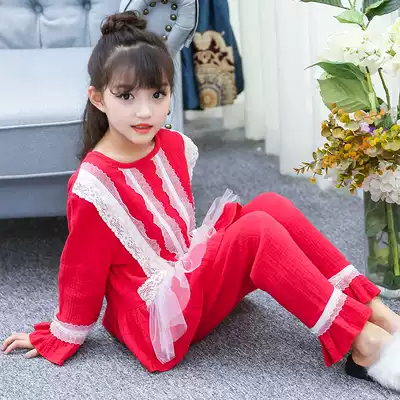 2021 new children's pajamas girls spring and autumn pure cotton long-sleeved suit court style cotton girls home clothes