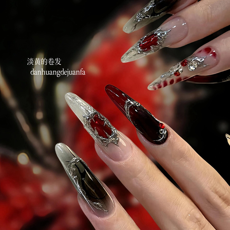 Dark Night Castle | Purely Handmade Gothic Nail Art for Halloween, Gold-Plated Red and Black Gradient, Stunning and Elaborate Nail Patches. Dark Night Castle | Purely Handmade Gothic Nail Art for Halloween, Gold-Plated Red and Black Gradient, Stunning and Elaborate Nail Patches.