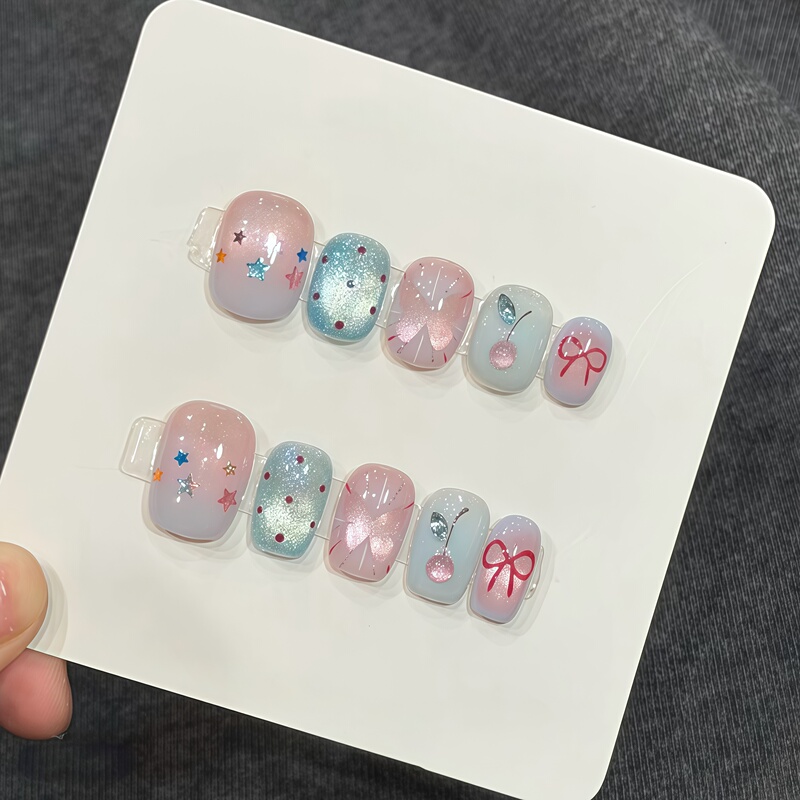 "Cherry Jelly" Korean-Style Pink and Blue Translucent Sweet Cherry Polka Dot Whitening Cat-Eye Handmade Nail Art Stickers