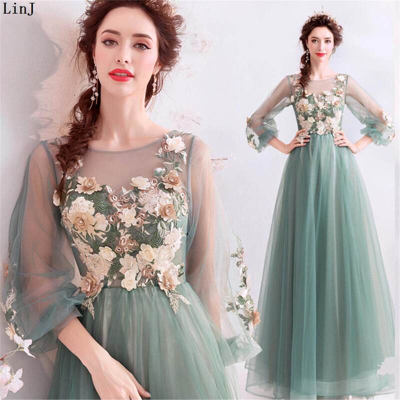 Linj High-End Dress New Model Green Evening Gown for Art Exams, Runway Shows, Performances, and Hosts, French-Style Long-Sleeve Evening Dress