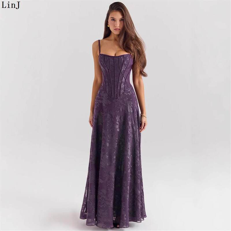 Linj High-End New Style Spaghetti Strap European and American Style Sheer Formal Dress for Women with Floral Lace Appliqué Long Ball Gown