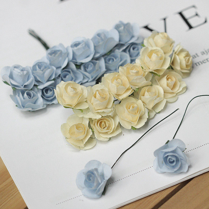 Emulated paper flower rose small bouquet of champagne light blue floral head diameter 2 cm bouquet of 12