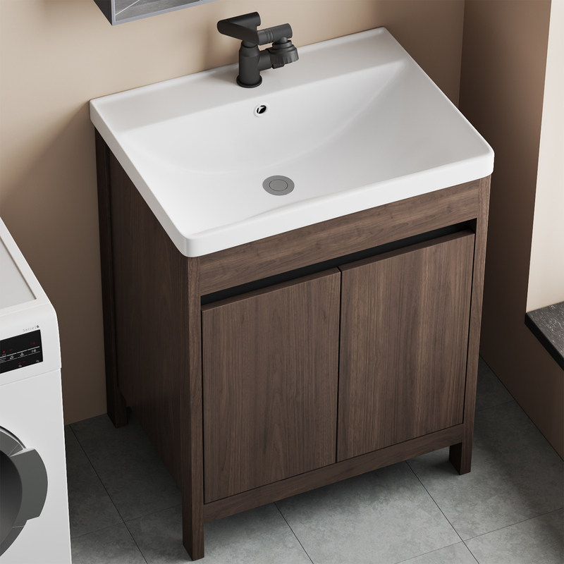 Wood Grain Floor-Standing Bathroom Cabinet Set with Integrated Ceramic Basin, Deep Washbasin, Home Washstand, Balcony Sink