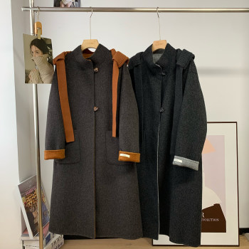 韩国东大门撞色针织围巾连帽双面羊毛呢子大衣外套女中长款2025冬