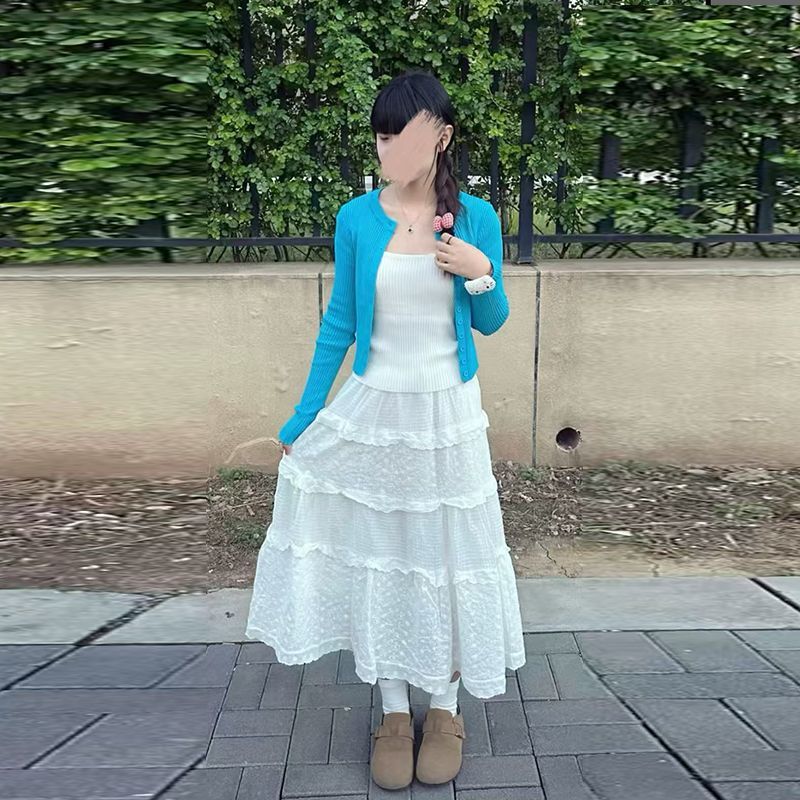 Trendy Influencer Style Gentle and Elegant Blue Long-Sleeved Knit Cardigan + Camisole + White Skirt Three-Piece Set