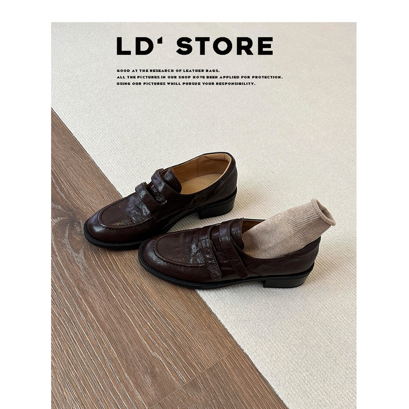 Genuine Leather~Thick-Soled British-Style Velcro Loafers for Women, Autumn and Winter Retro Chunky Heel Slip-On Commuter Leather Shoes Genuine Leather~Thick-Soled British-Style Velcro Loafers for Women, Autumn and Winter Retro Chunky Heel Slip-On Commuter Leather Shoes
