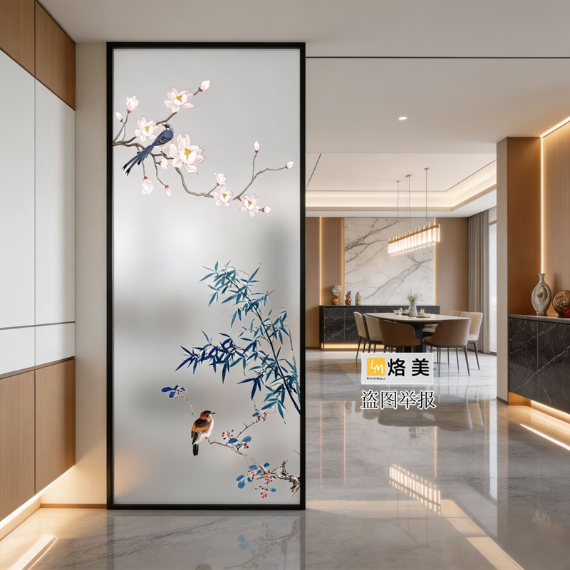 Mr. Glass Artistic Glass Screen with Flower and Bird Patterns for Living Room Entrance Decoration and Partitioning Mr. Glass Artistic Glass Screen with Flower and Bird Patterns for Living Room Entrance Decoration and Partitioning
