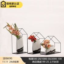 New Chinese modern iron ceramic crafts three-piece living room hotel flower arrangement round fine mouth hand-painted decorative vase