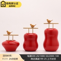 Modern new Chinese creative ceramic red storage tank copper bird ornaments model room soft decoration designer decoration