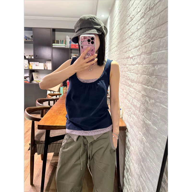 Korean Retro Polka Dot Navy Blue Fake Two-Piece Sleeveless Vest for Women, Summer Slim Fit Niche Design Casual Top