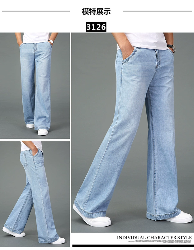 19 mùa xuân và mùa hè nam mỏng phần mới quần jean vi sừng nam co giãn Slim denim sừng chân lớn quần nam - Quần jean