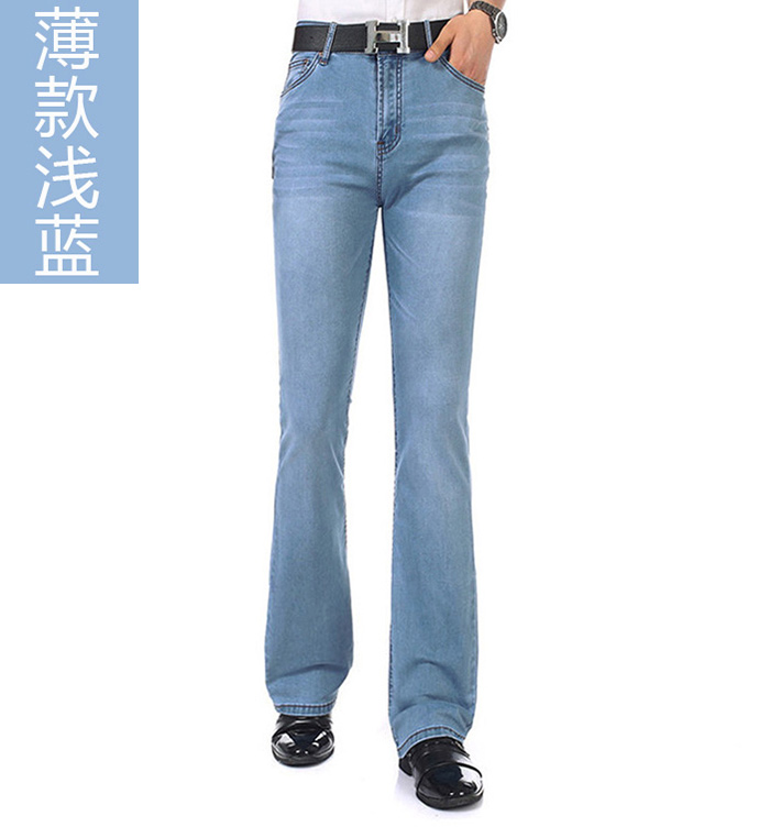 Mùa xuân và mùa hè phần mỏng nam eo micro-horn jeans stretch slim quần pháo sáng denim micro-chuông quần