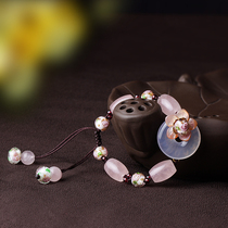 National style natural powder crystal bracelet female recruitment peach blossom hibiscus stone hand string woven hand rope safe buckle ancient style hand decoration